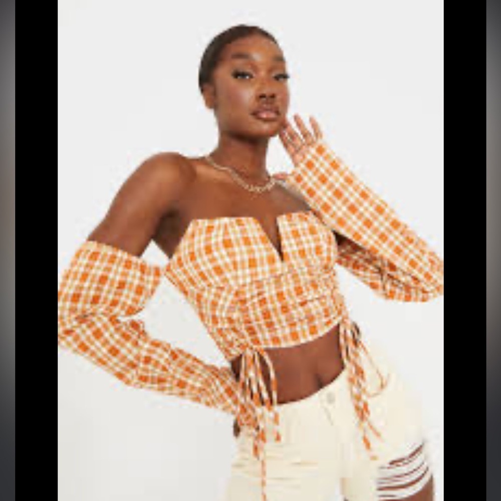 PrettyLittleThing Bardot Ruched Front Plaid Crop Top Size 4